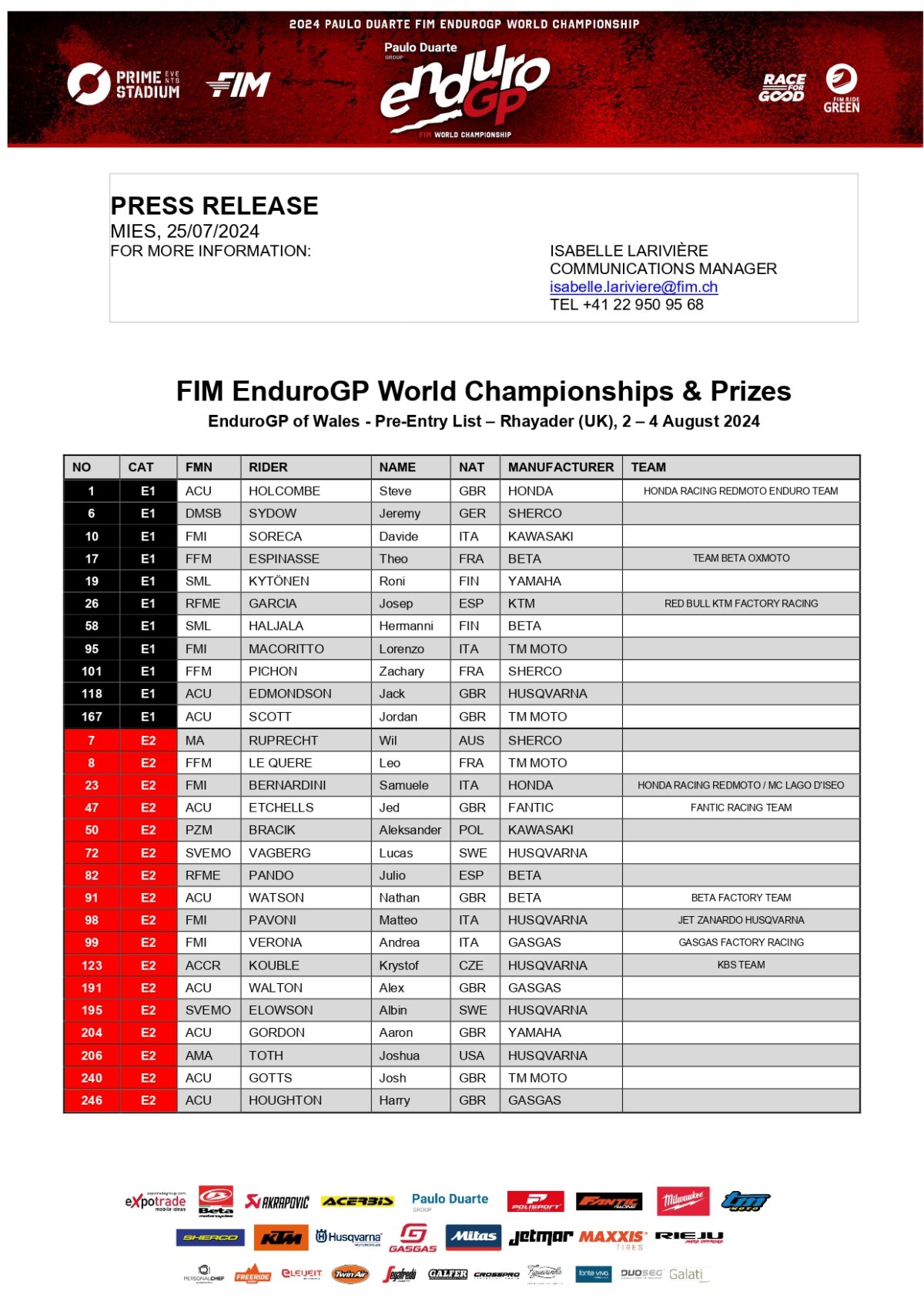 Liste des engagés captivante pour la 6e manche du Championnat du Monde EnduroGP FIM 2024 de Paulo Duarte !