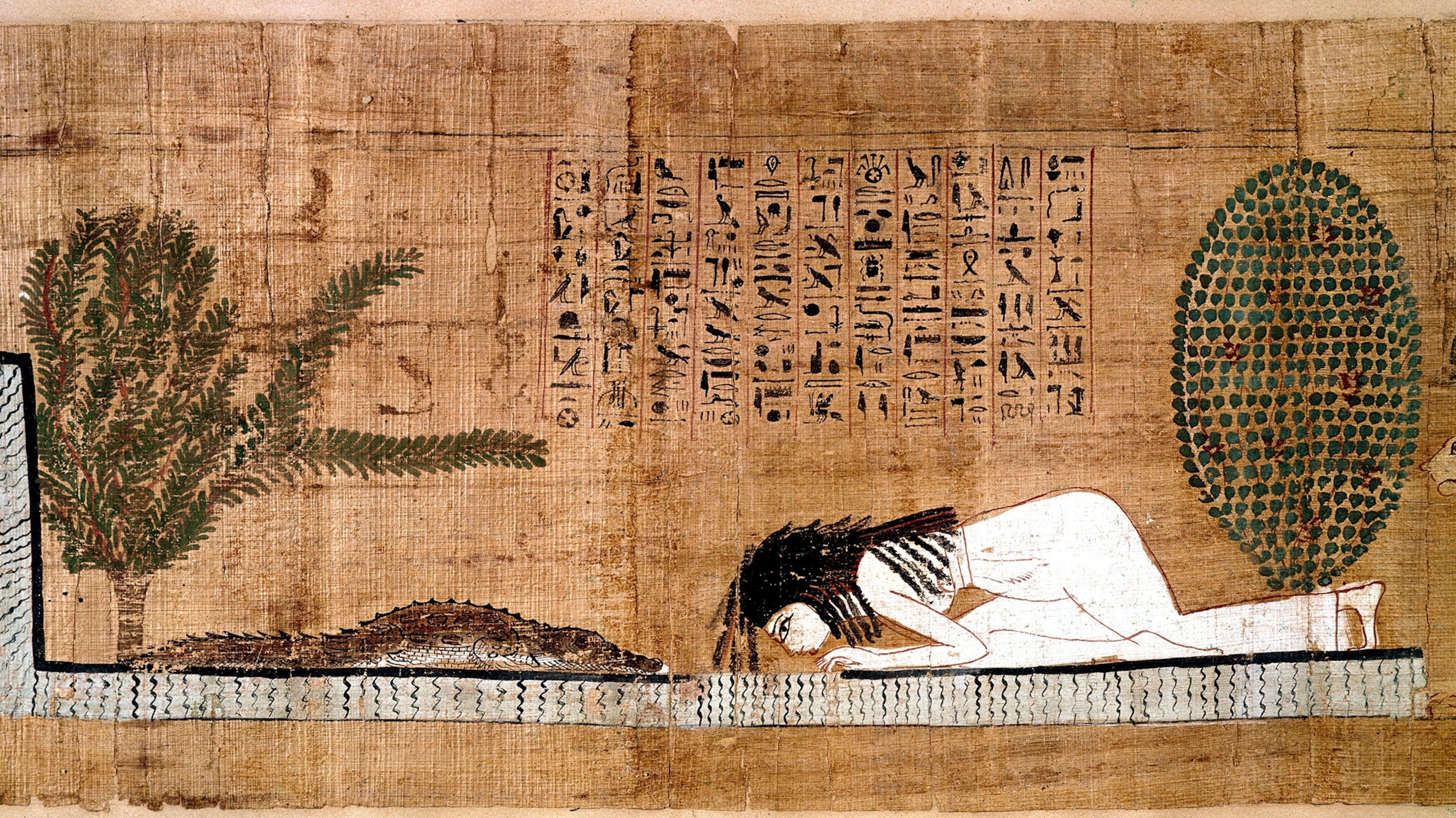 Papyrus égyptien ancien montrant une personne adorant le crocodile.