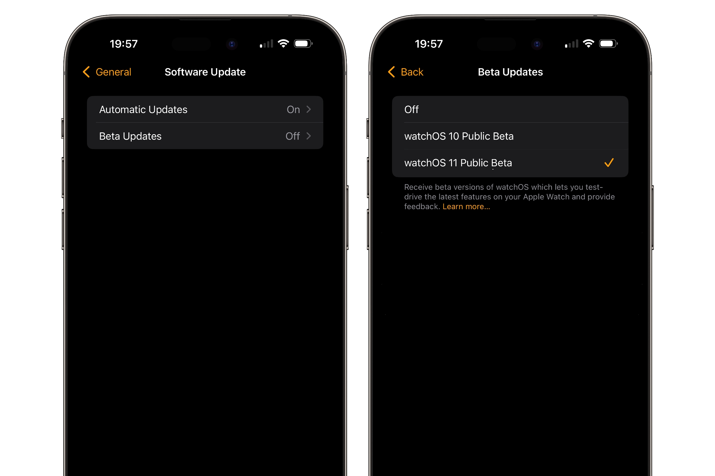 iPhone montrant les réglages pour activer les mises à jour bêta publiques de watchOS 11.