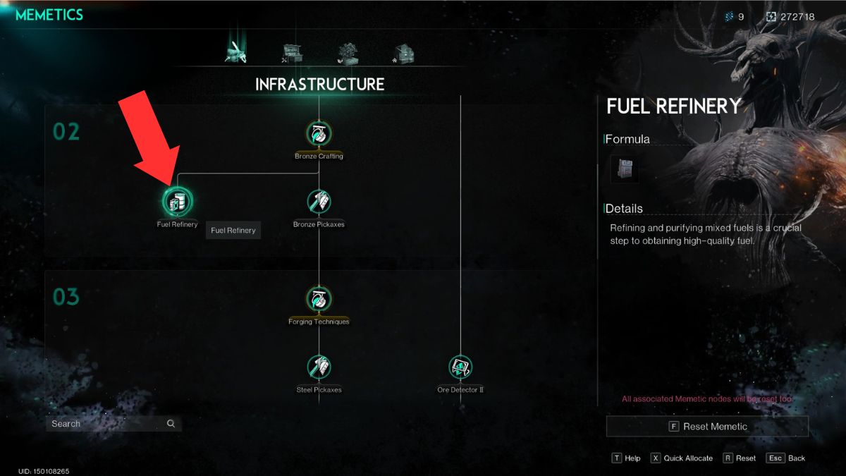 Écran des Memétiques dans Once Human avec la Raffinerie de Carburant mise en évidence par une flèche pour la production de carburant dans Once Human.