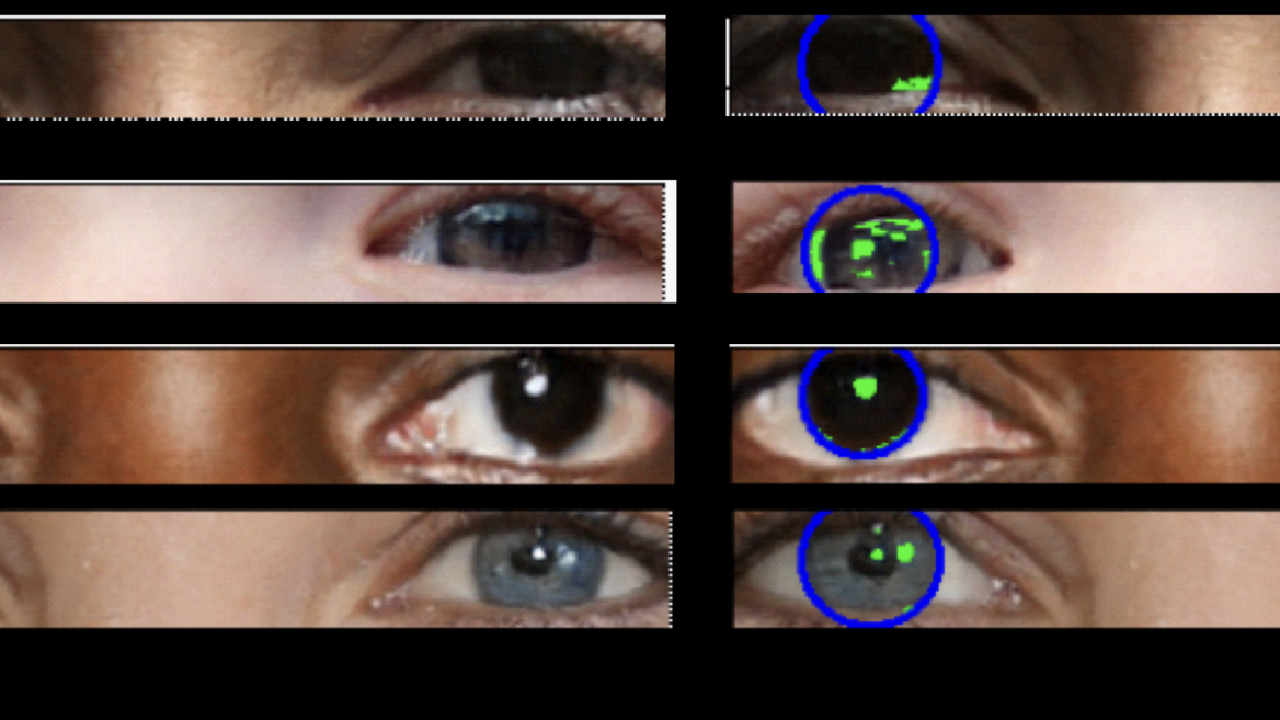 Une série d'yeux deepfake montrant des réflexions incohérentes dans chaque œil.