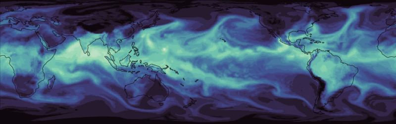 Image d'une projection aplatie de la Terre en bleu foncé, avec des zones bleu clair montrant la circulation de l'atmosphère.