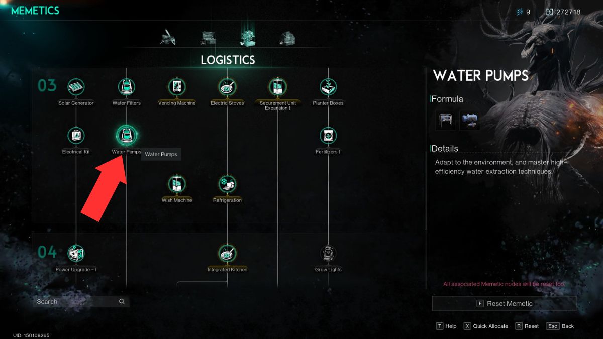 Écran des Memétiques dans Once Human avec la pompe à eau mise en évidence par une flèche, car elle est nécessaire à la production de carburant.