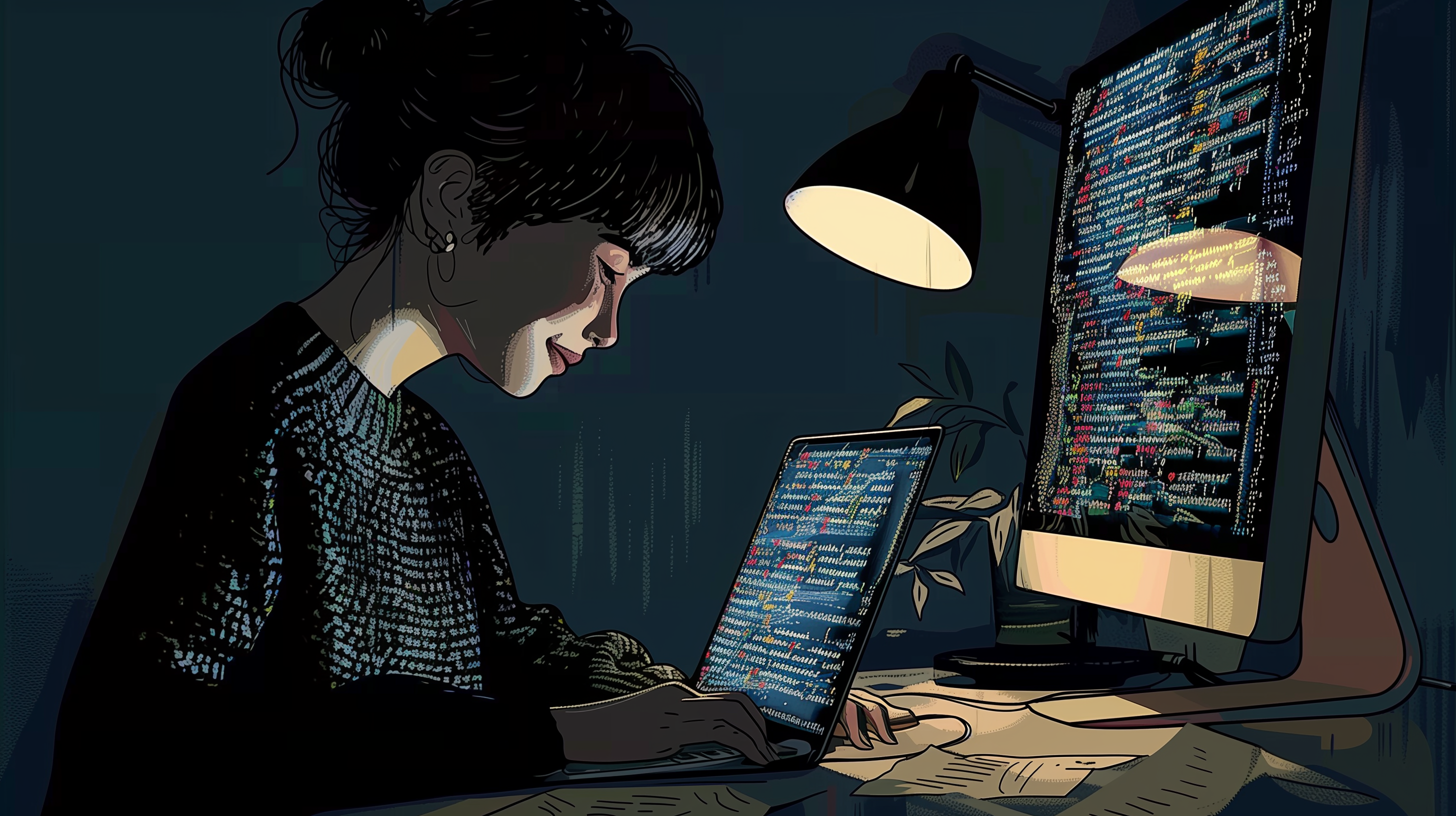 Illustration de style art linéaire d'une personne présentant des cheveux noirs souriant et tapant un code de développeur coloré sur un ordinateur portable devant un moniteur plus grand avec un code similaire à côté d'une lampe de bureau noire illuminant une lumière jaune pâle