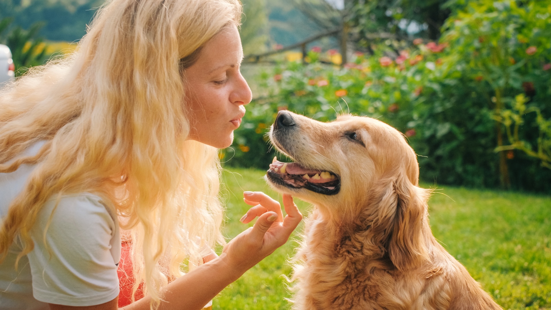 Une femme aux longs cheveux blonds embrasse son golden retriever