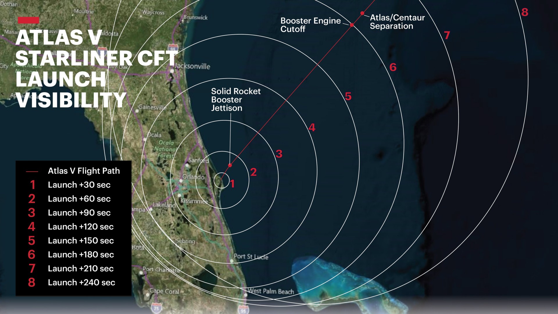 carte montrant des cercles concentriques rayonnant depuis le centre-est de la Floride