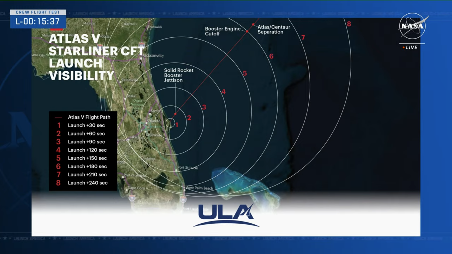 Une carte de visibilité montrant les zones où le vol d'astronautes de Boeing Starliner pourrait être visible depuis le sud-est des États-Unis et l'est de la Floride.