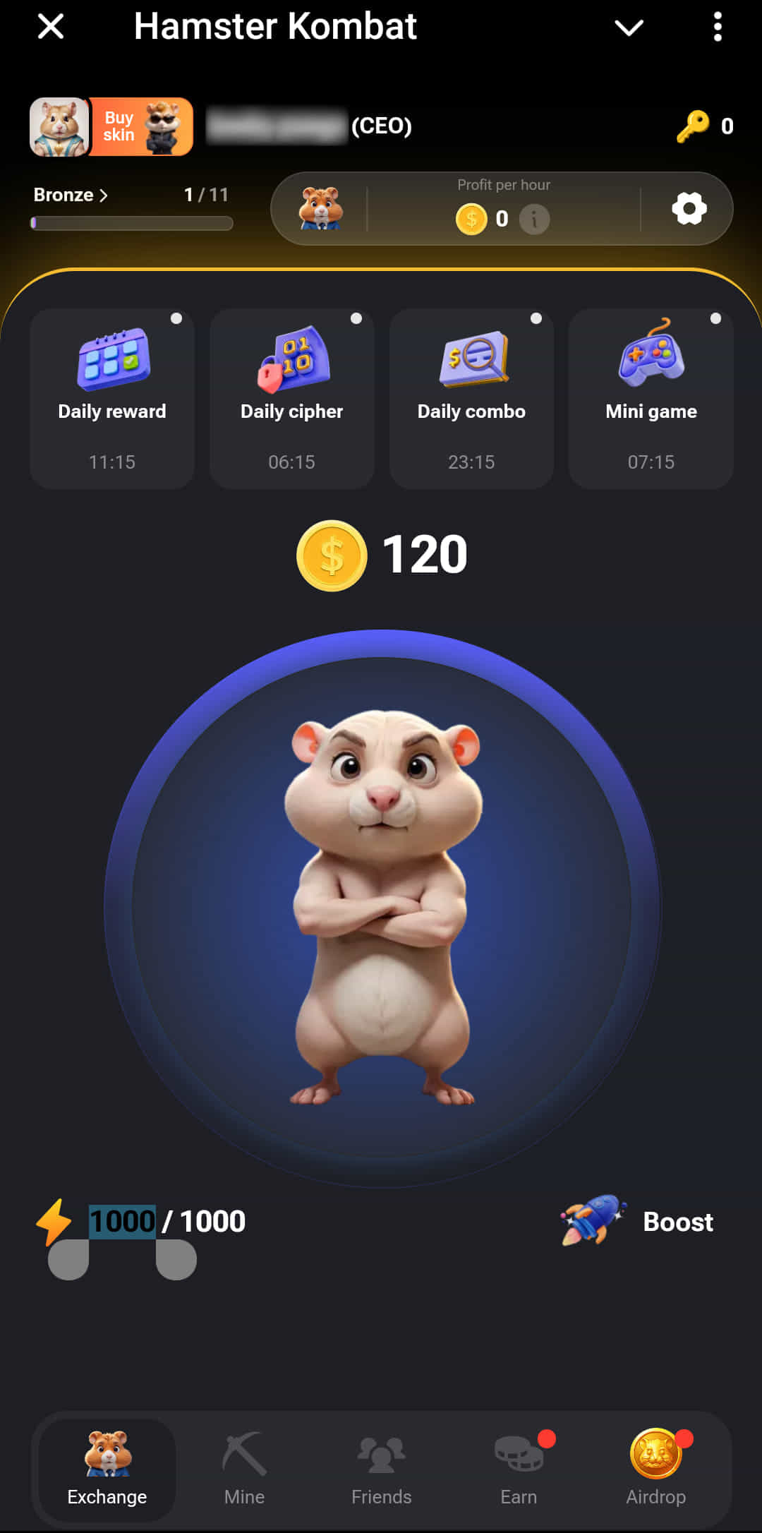 Interface de l'application Hamster Kombat