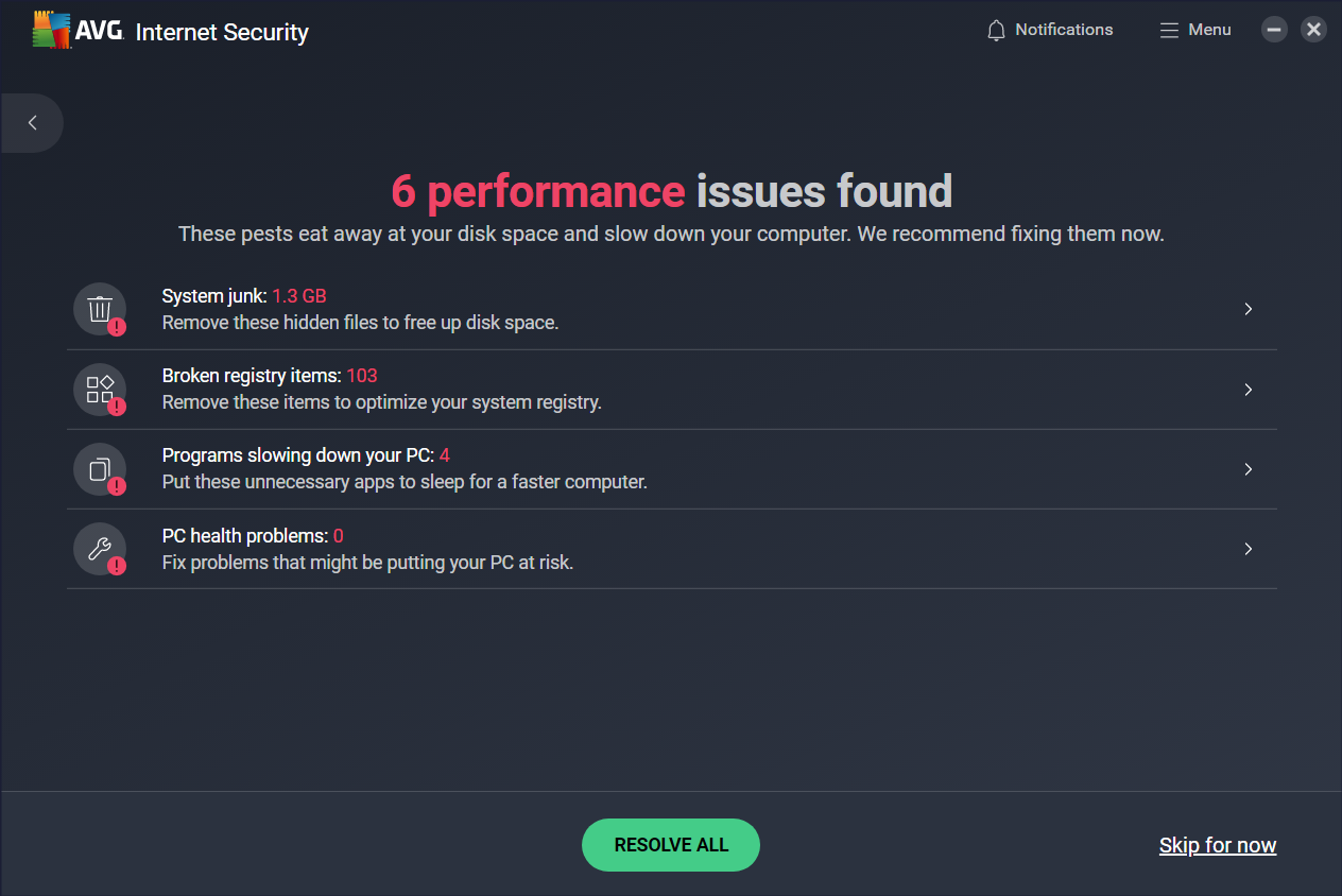 Résultats du scan de performance AVG