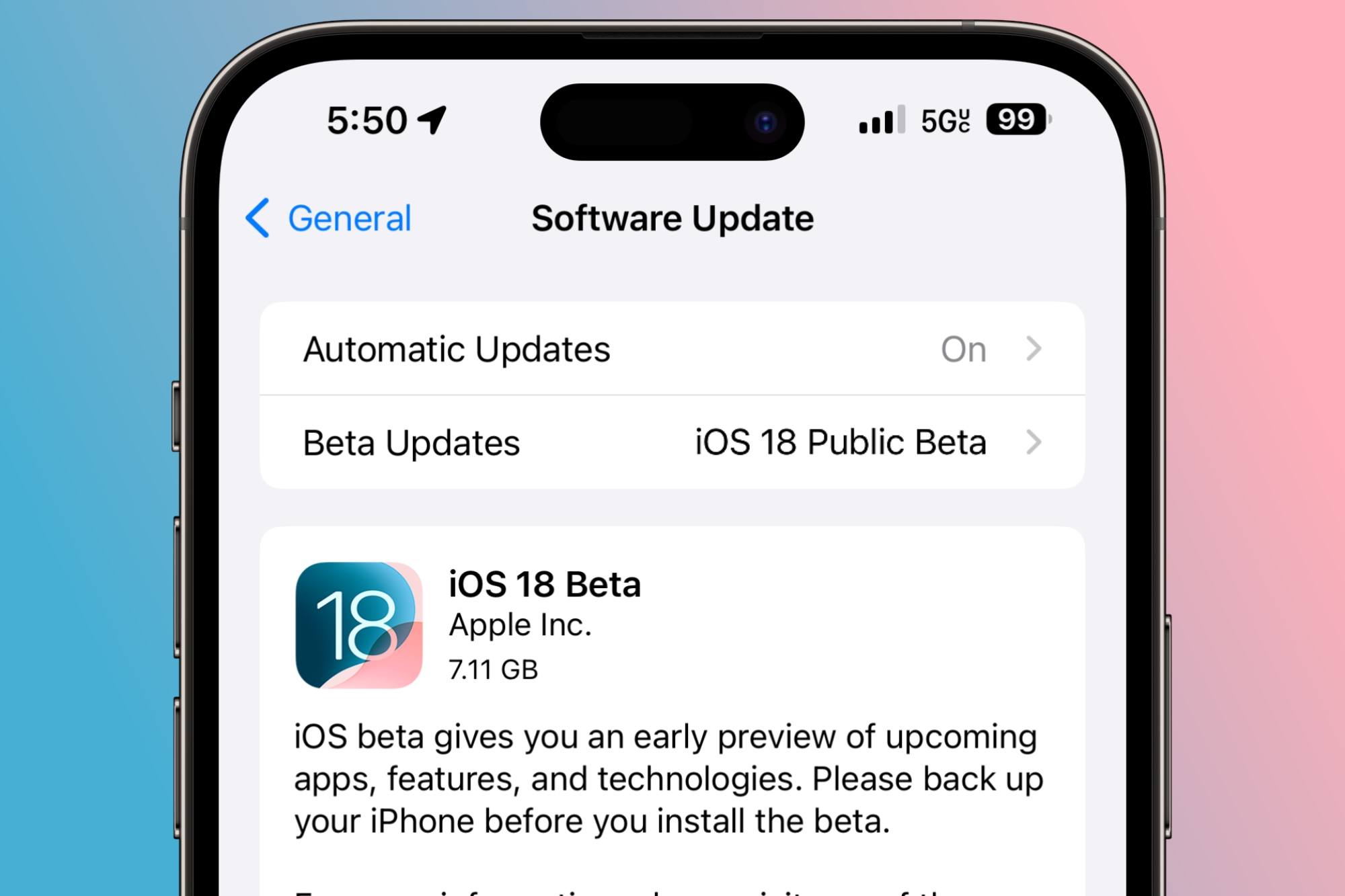 L'application Réglages sur un iPhone affichant la bêta publique d'iOS 18.