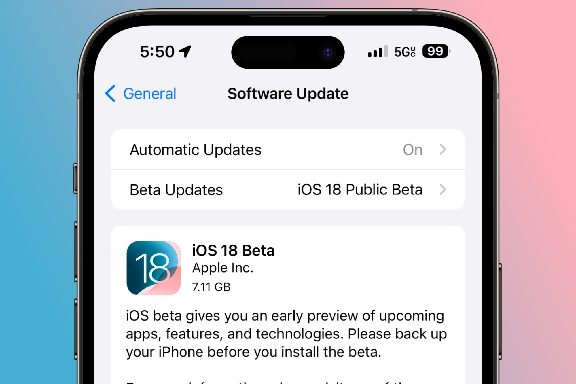 L'application Réglages⁤ sur un iPhone affichant la bêta publique d'iOS 18.