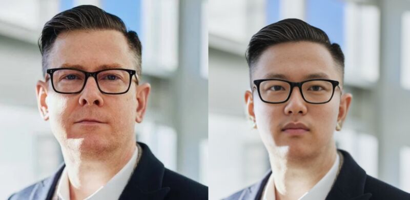 Deux portraits d'hommes adultes. L'un est une vraie photographie de stock tandis que l'autre est une version améliorée par IA basée sur l'original.