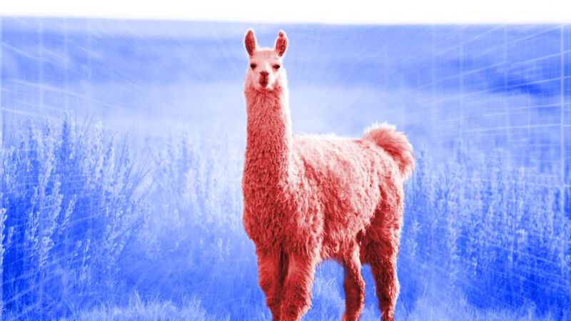 Une illustration d'un lama rouge dans un désert bleu, basée sur une photo.