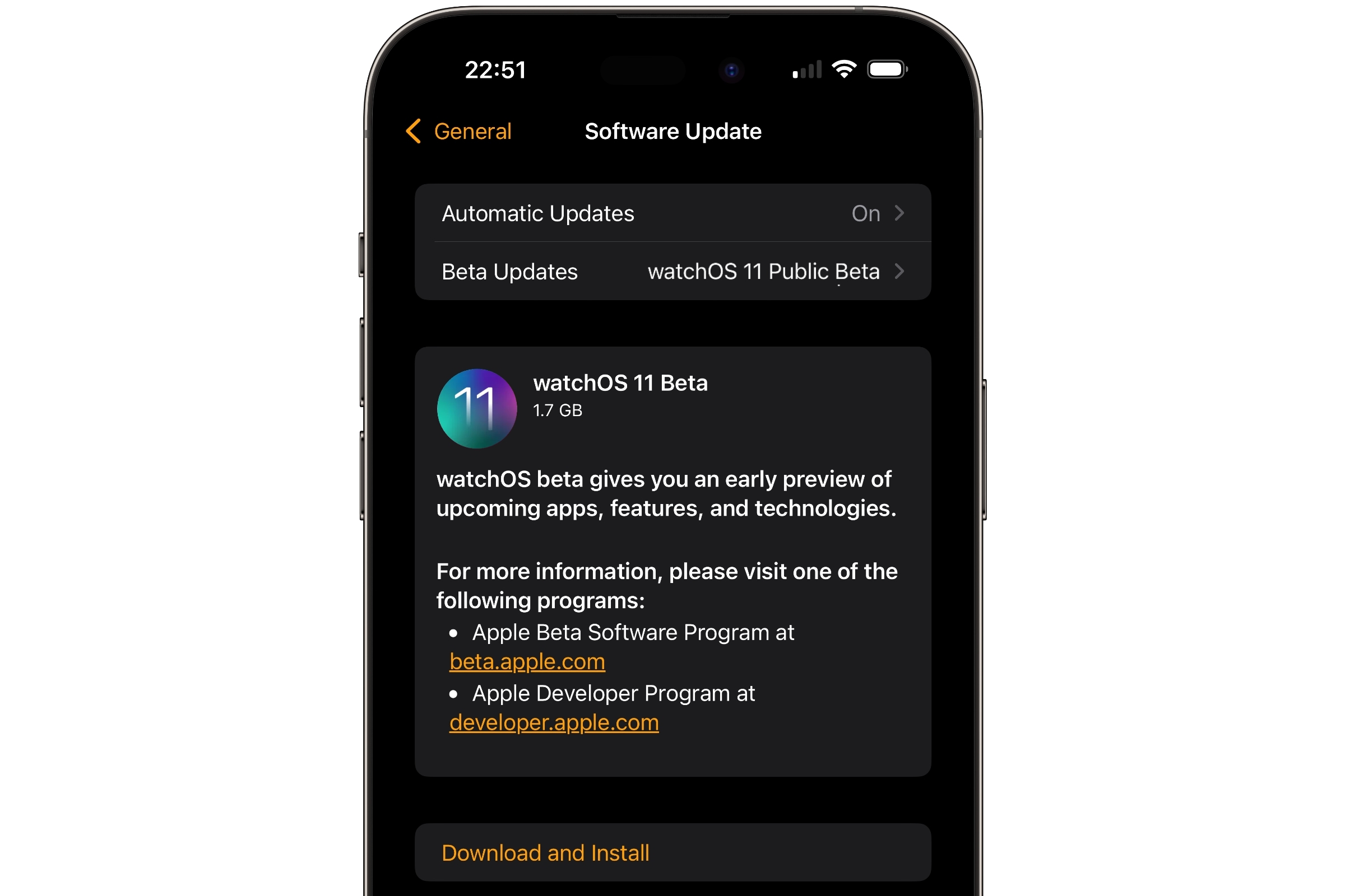 iPhone affichant la mise à jour logicielle de la bêta publique de watchOS 11.