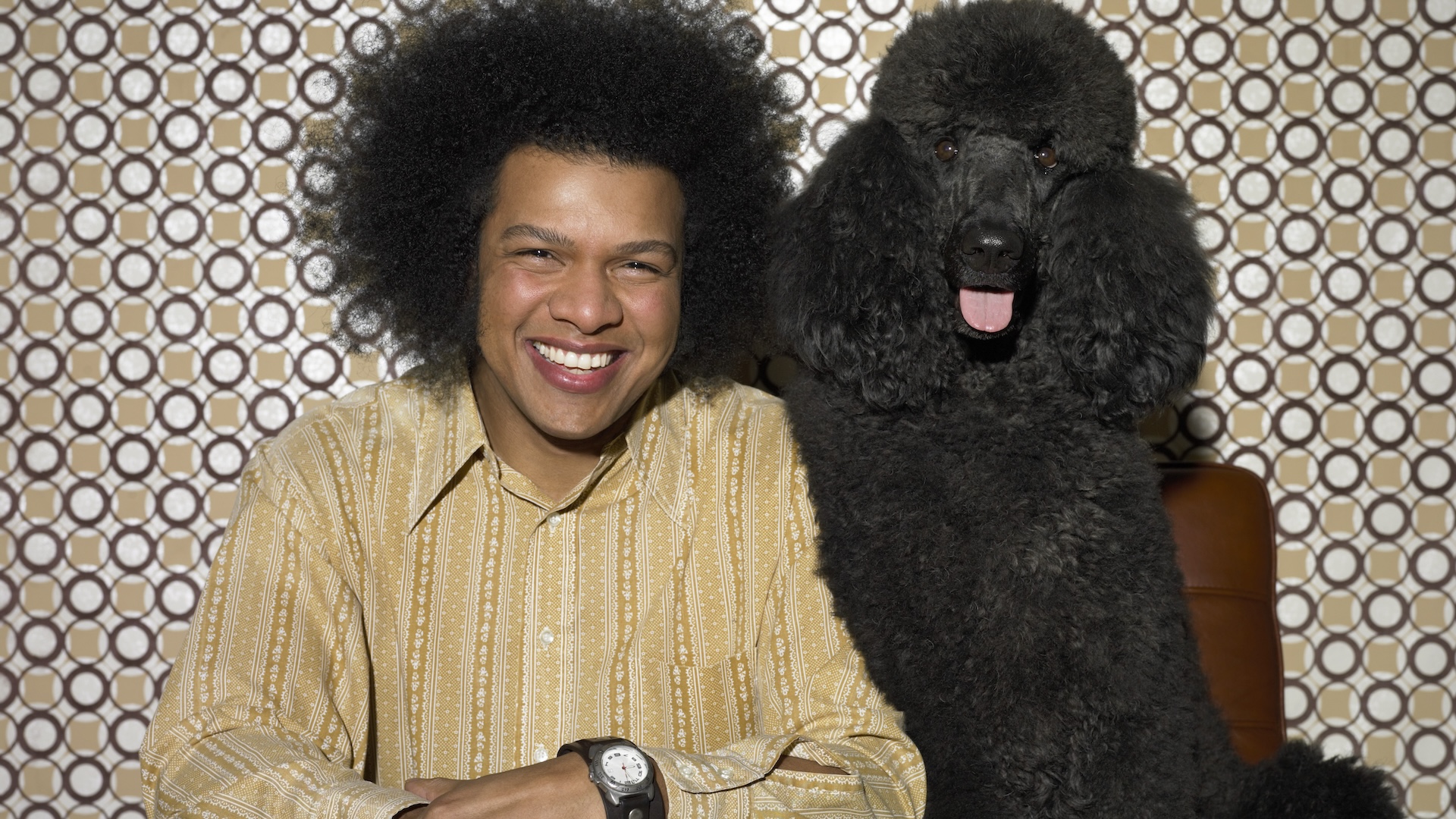 Un homme avec un afro noir est assis à côté de son poodle noir et duveteux