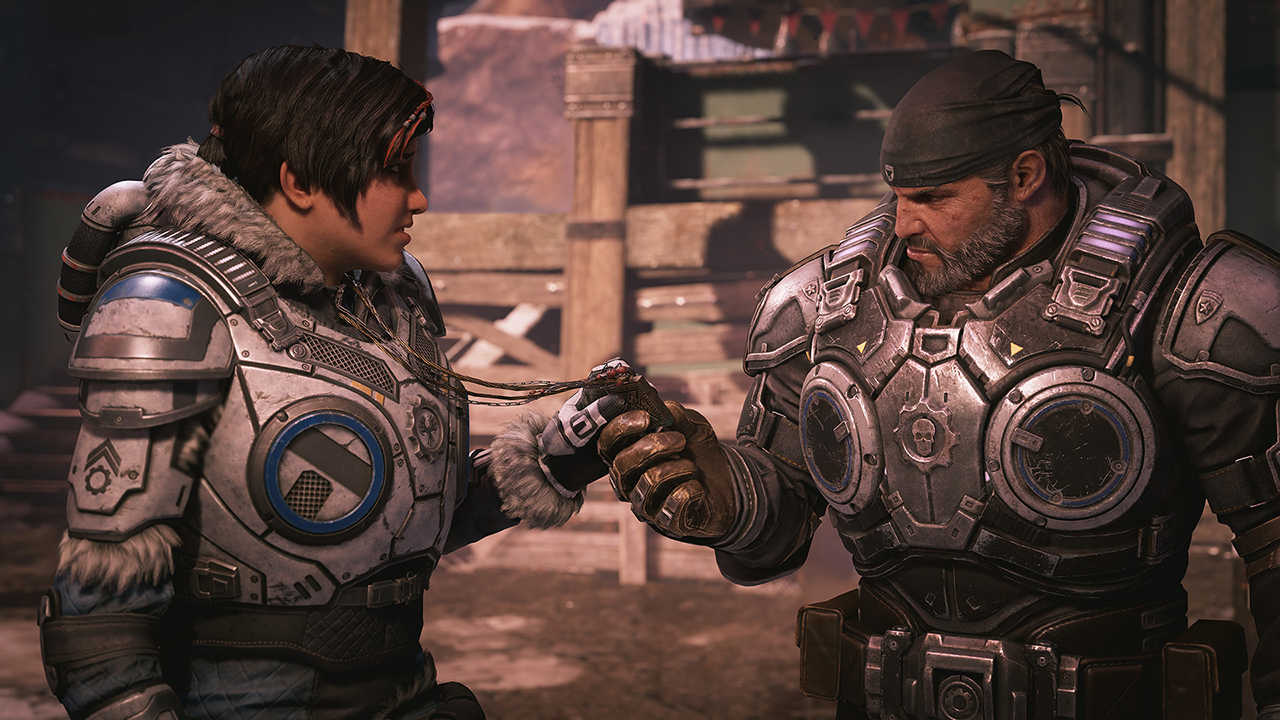 science Capture d'écran de Gears of War 5 montrant Marcus Fenix et Kait Diaz.