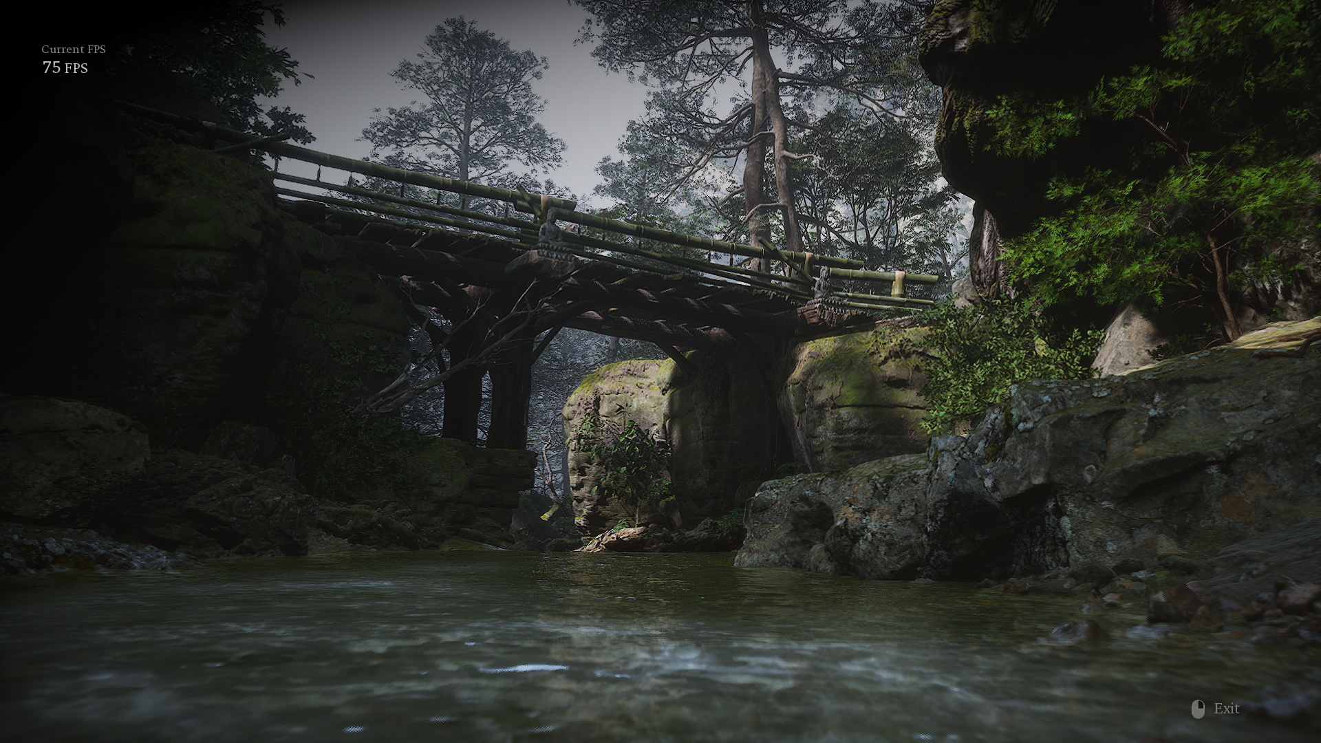 Capture d'écran de l'outil de benchmark de Black Myth: Wukong en action, montrant un pont en bois au-dessus d'une rivière tranquille.