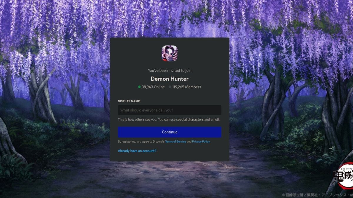 Écran d'invitation du serveur Discord - Demon Hunter