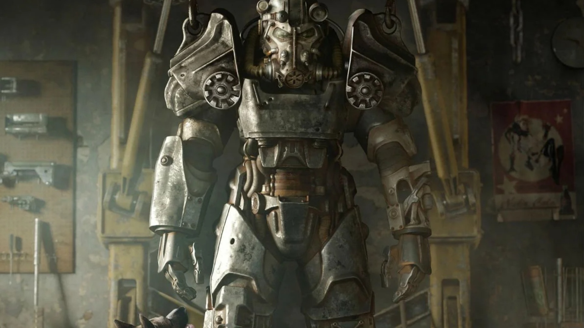 Illustration clé de Fallout 4 mettant ​en avant une armure Power suspendue dans un⁢ arsenal.