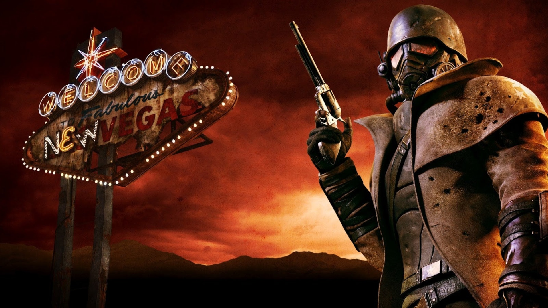 L'illustration clé⁣ de Fallout: New Vegas avec un coursier tenant une ⁣arme et​ un panneau de bienvenue en arrière-plan.