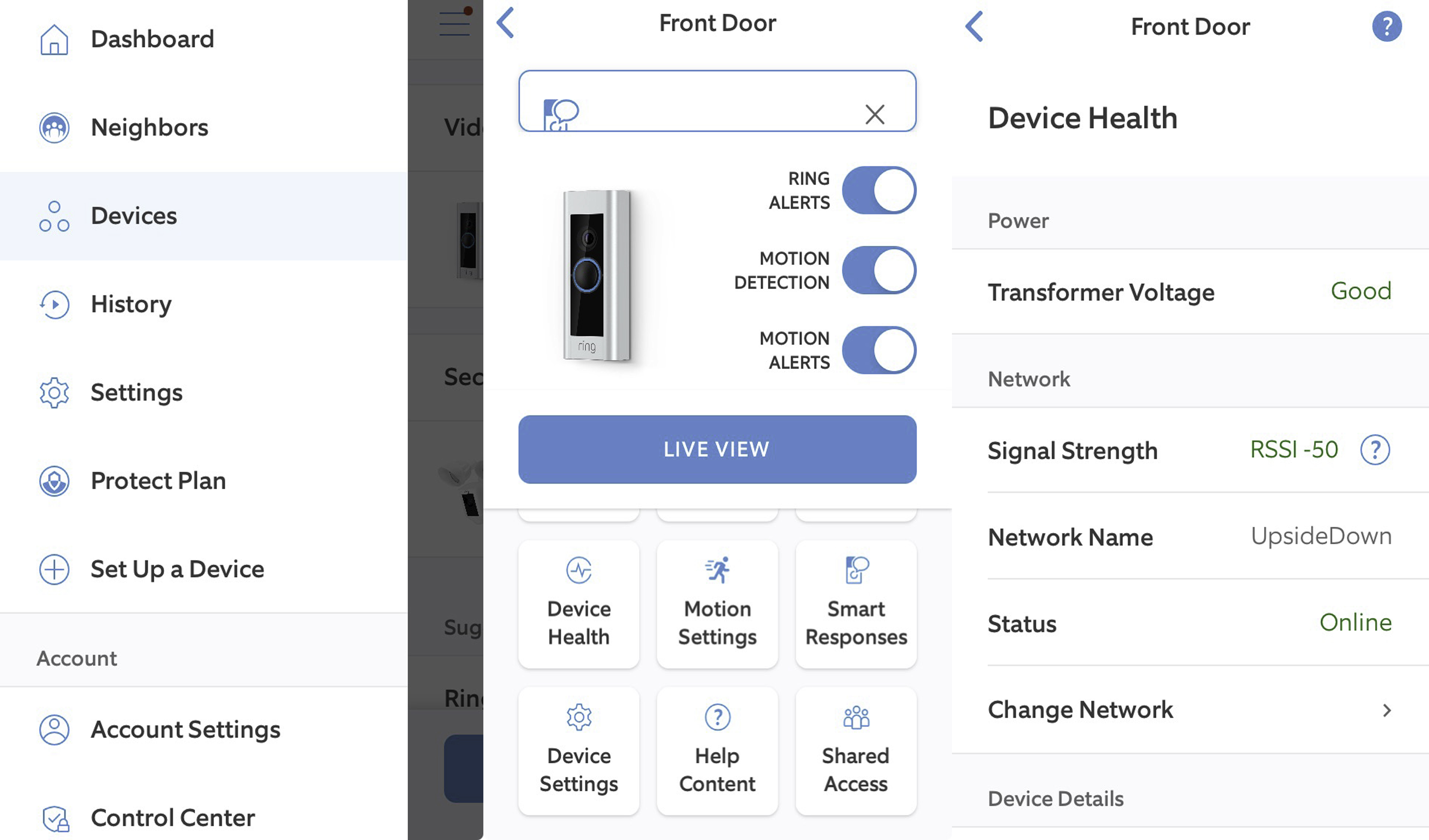 État des Appareils de l'application Ring