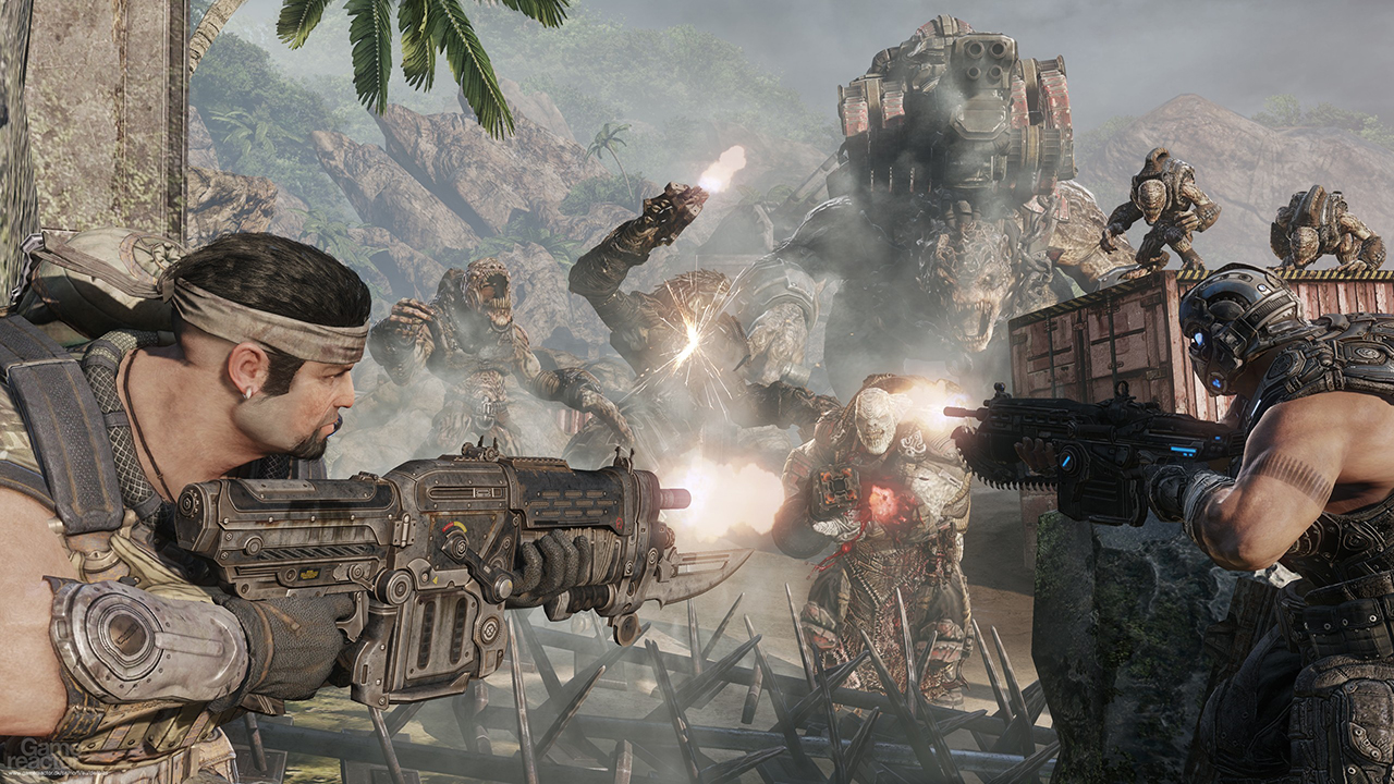 science Capture d'écran de Gears of War 3 montrant deux soldats combattant les Locustes.