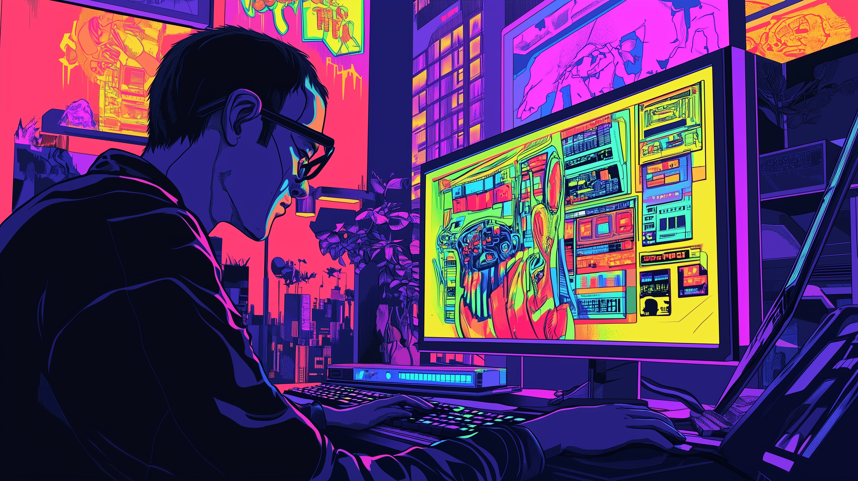 image technologique Synthwave avec des teintes violettes, oranges et jaunes, représentant un designer masculin aux cheveux courts et portant des lunettes, regardant un écran d'ordinateur avec des œuvres d'art pop colorées.
