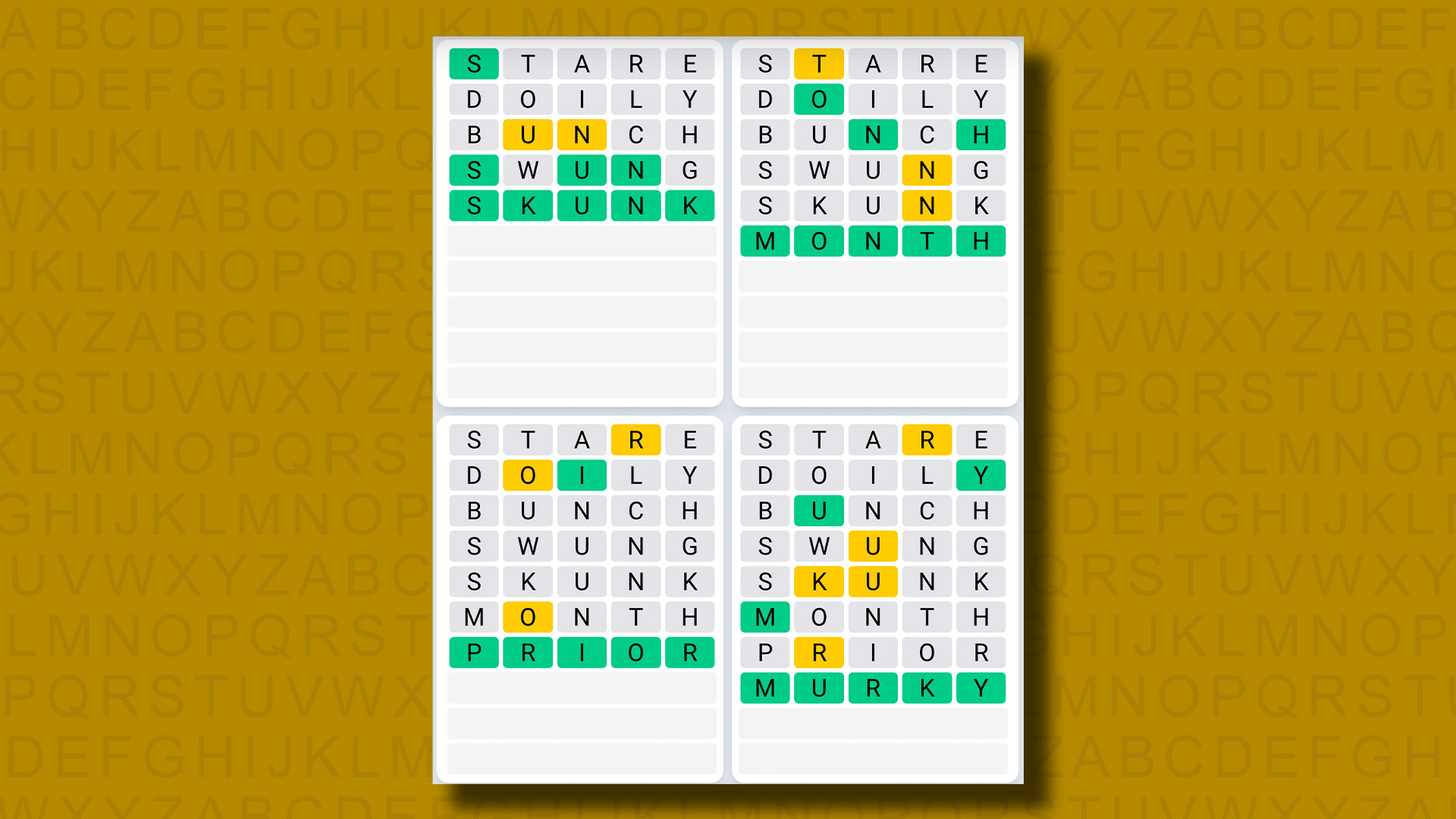 Réponses Quordle Daily Sequence pour le jeu 937 sur fond jaune