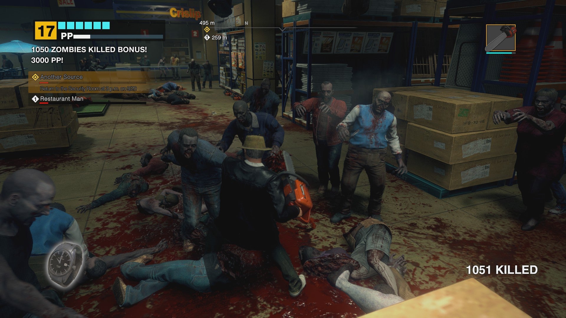 Frank tue des zombies avec une tronçonneuse dans Dead Rising Deluxe Remaster.