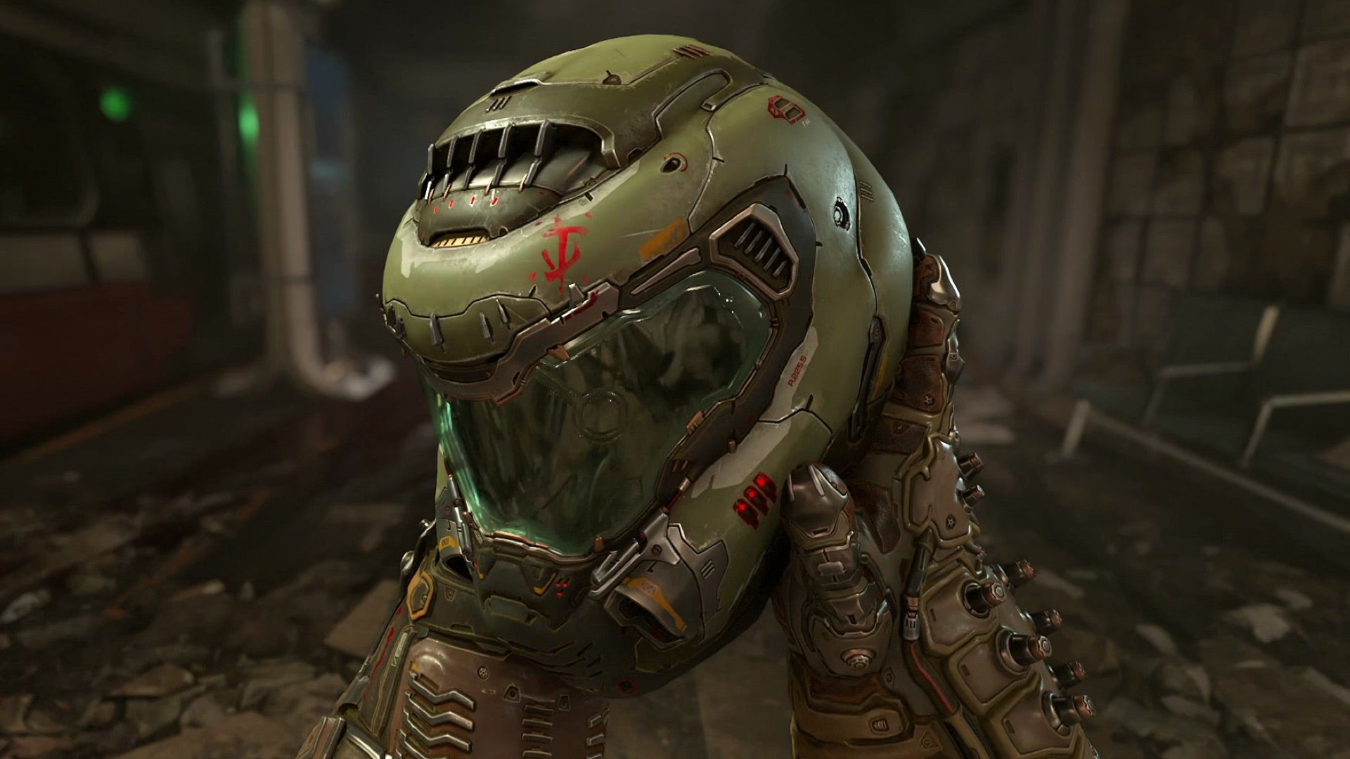 Capture d'écran de Doom Eternal montrant Doomguy tenant son casque emblématique en vue à la première personne.