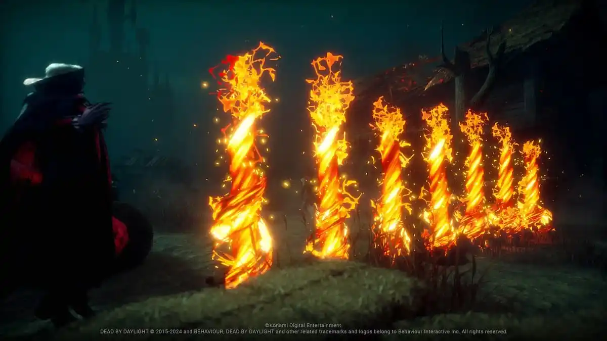 Dracula utilisant son sort de feu infernal pour créer plusieurs piliers de flammes dans Dead by Daylight.