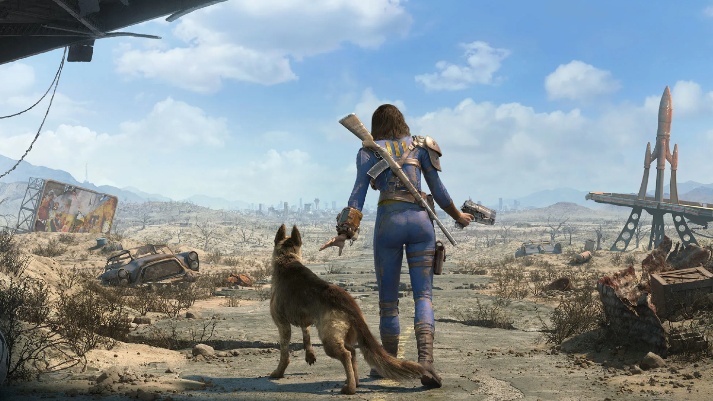 Une femme et un chien quittant un‍ abri dans Fallout ⁣4.