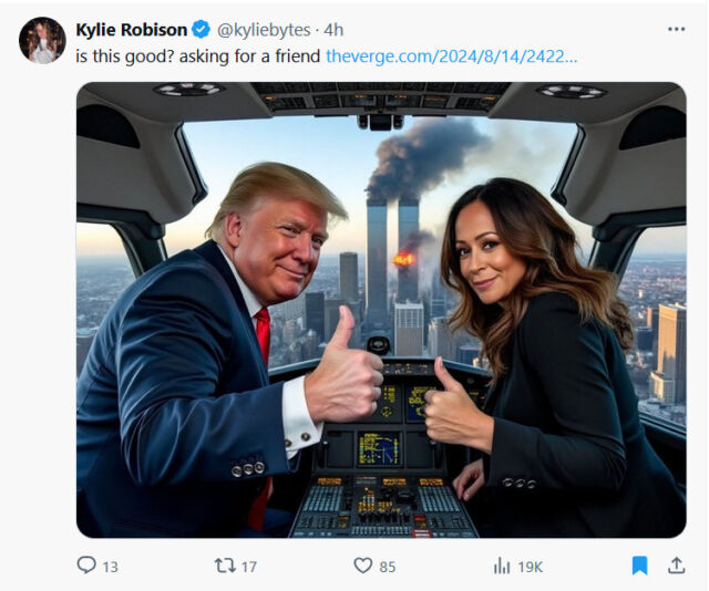 Image générée par IA de Donald Trump et Kamala Harris dans un avion créée avec Grok.