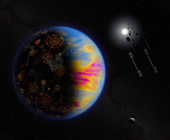 Image conceptuelle d'une exoplanète avec une civilisation extraterrestre avancée. Des structures à droite sont des panneaux solaires en orbite qui captent la lumière de l'étoile mère et la convertissent en électricité, ensuite transmise à la surface par micro-ondes. L'exoplanète à gauche illustre d'autres technosignatures potentielles : des lumières urbaines (structures circulaires lumineuses) sur le côté nuit et des nuages multicolores sur le côté jour représentant diverses formes de pollution, comme le dioxyde d'azote provenant de la combustion de combustibles fossiles ou des chlorofluorocarbures utilisés en réfrigération. Crédit image : NASA / Jay Freidlander.