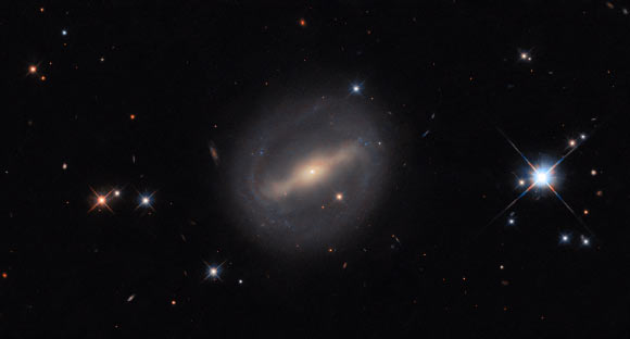 Cette image de Hubble montre LEDA 12535, une galaxie spirale barrée à environ 320 millions d'années-lumière dans la constellation de Persée. Le composite coloré a été assemblé à partir d'images prises par la caméra grand champ 3 (WFC3) de Hubble en lumière ultraviolette, visible et proche infrarouge. Il est basé sur des données obtenues à travers trois filtres. Les couleurs résultent de l'attribution de teintes différentes à chaque image monochromatique associée à un filtre individuel. Crédit image : NASA / ESA / Hubble / I. Chilingarian.