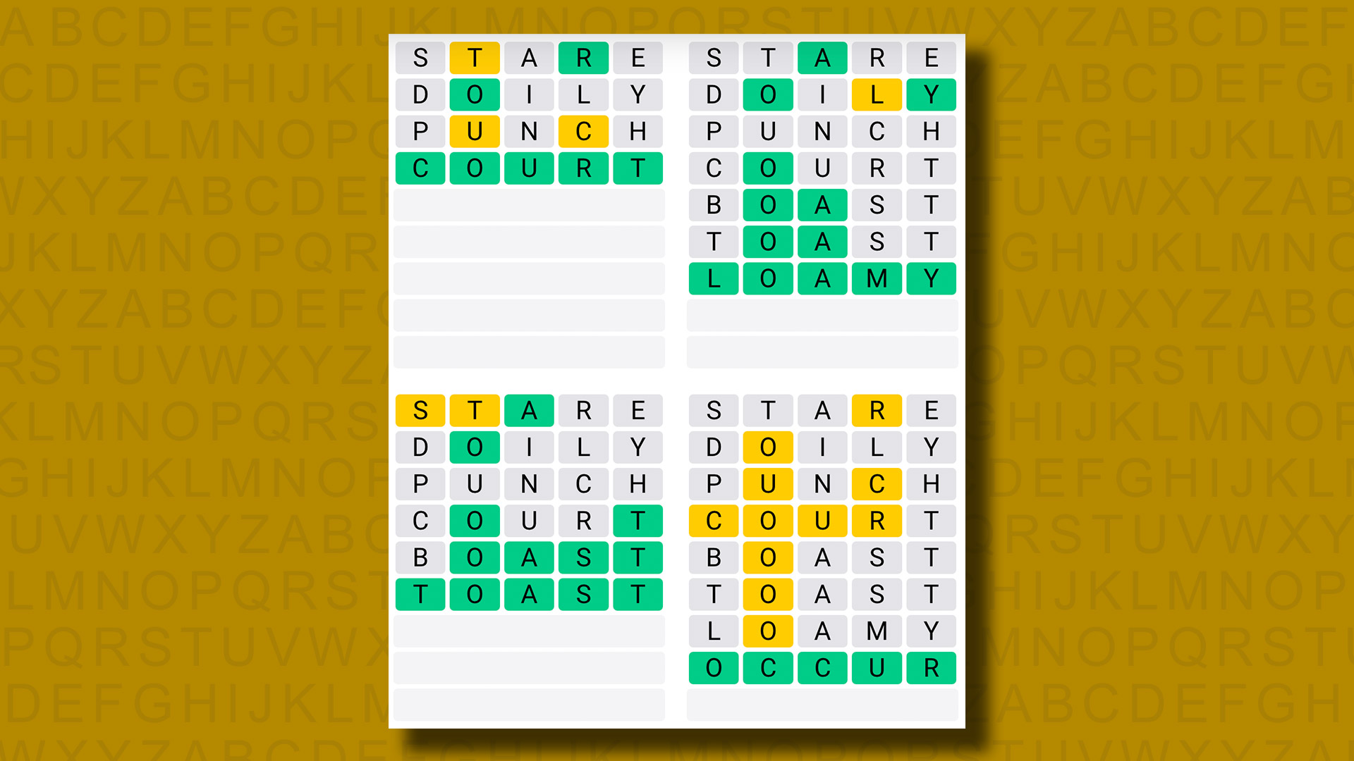 Réponses Quordle Daily Sequence pour le jeu 930 sur fond jaune