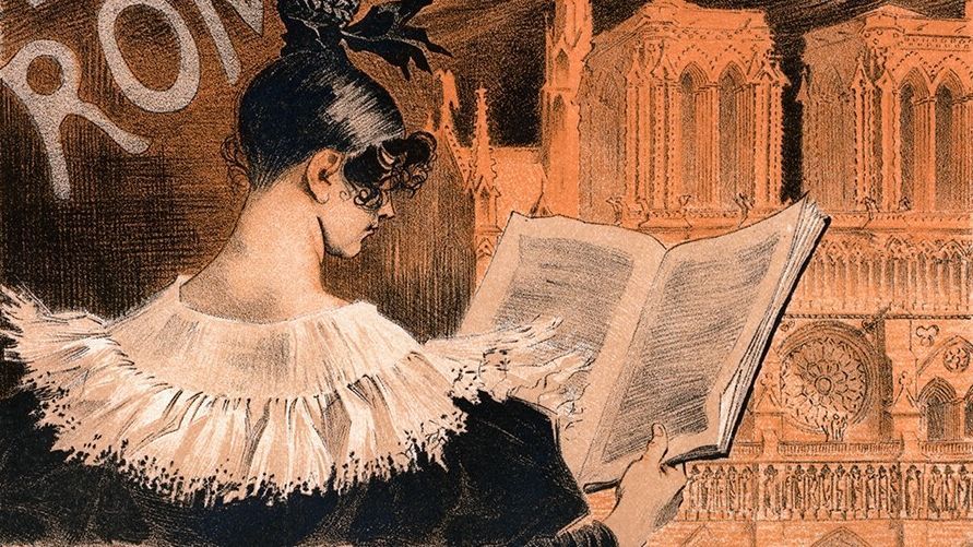 divers Une femme lit un livre dans l'affiche d'Eugène Grasset pour la Librairie Romantique