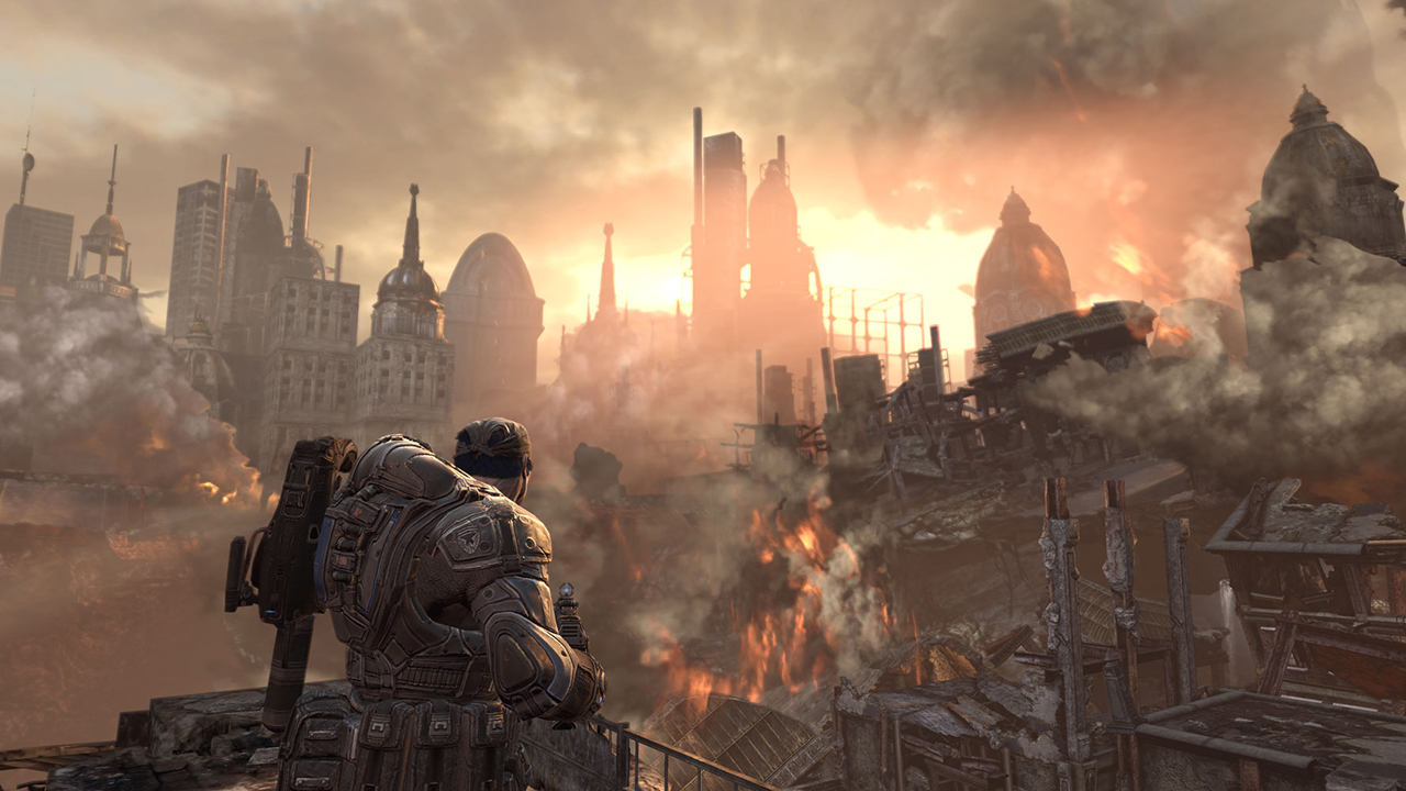 science Capture d'écran de Gears of War 2 montrant Marcus Fenix surplombant une ville en ruines.