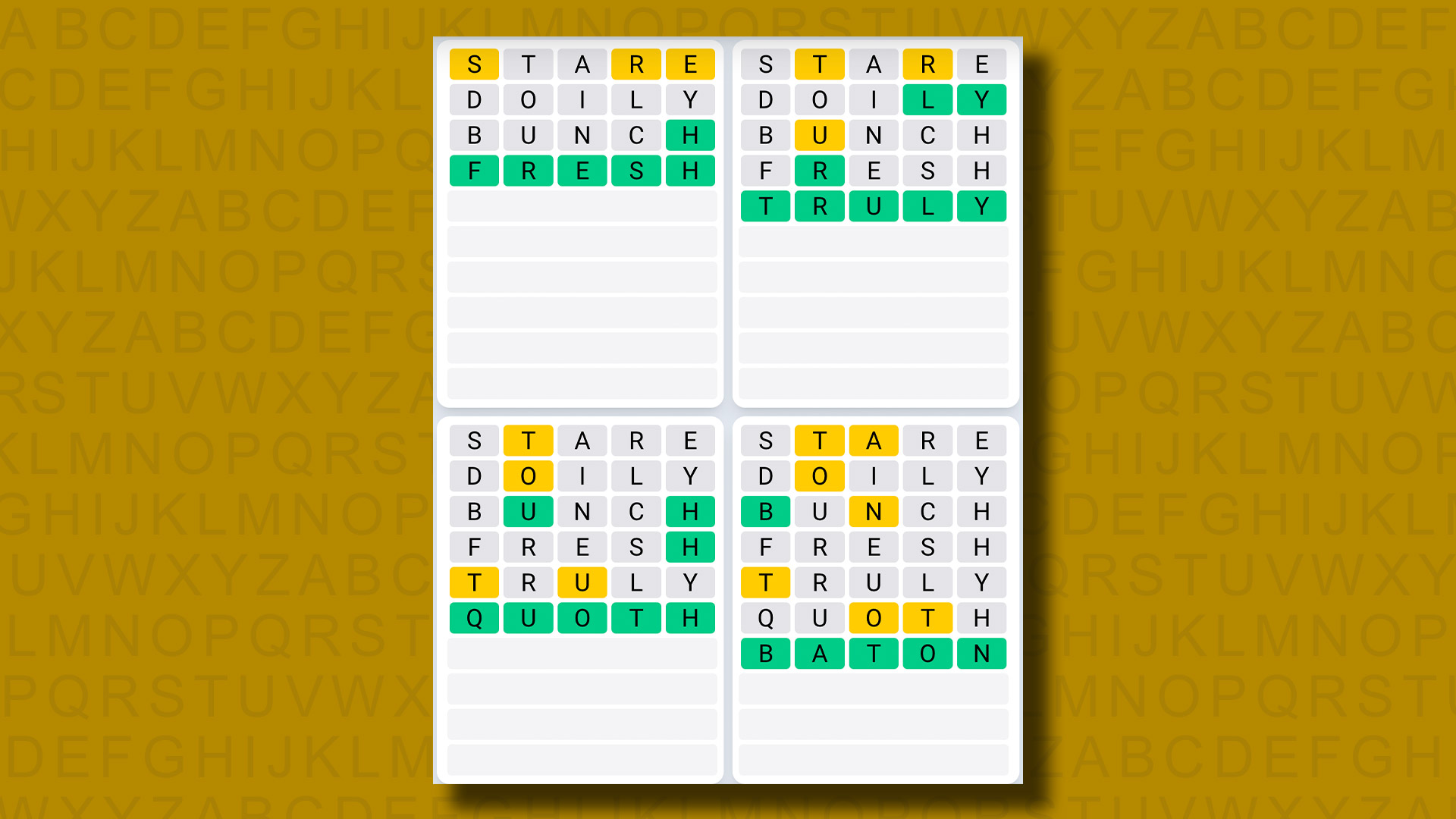 Réponses Quordle pour le jeu 930 sur fond jaune