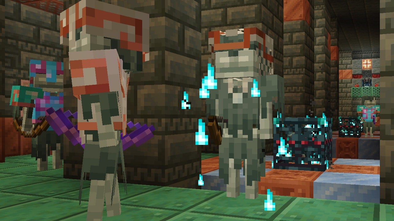 Un squelette empoisonné recouvert de mousse dans une nouvelle salle d'épreuve dans Minecraft.