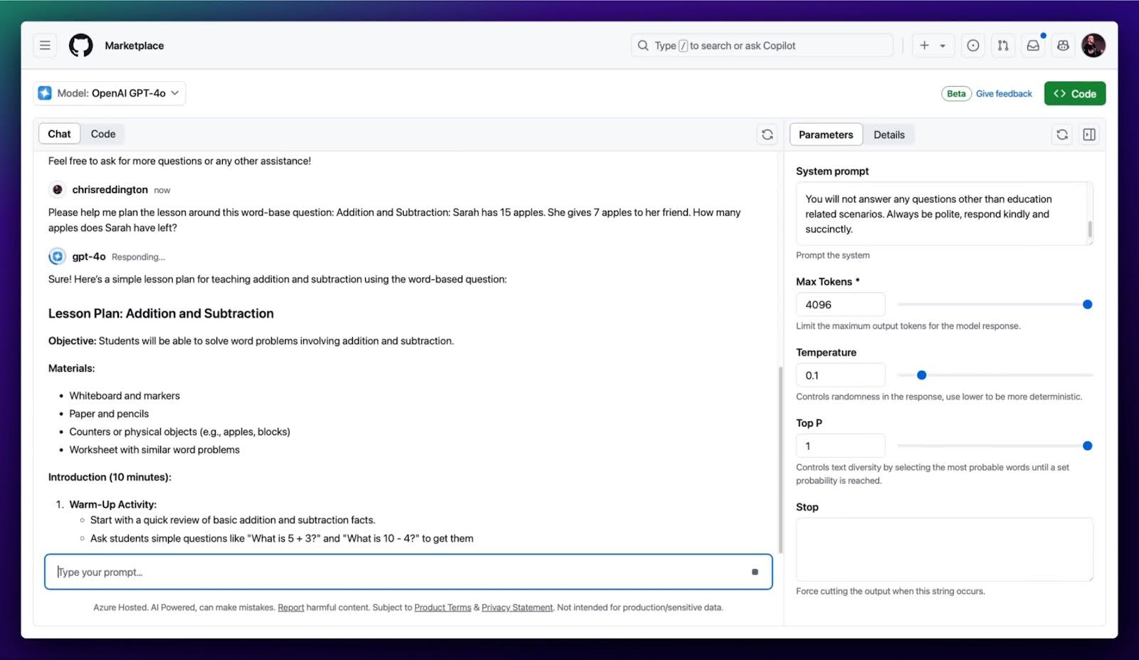 technologie Une capture d'écran de l'environnement de jeu des modèles GitHub, montrant une conversation avec GPT-4o après avoir ajusté le prompt système et la température.