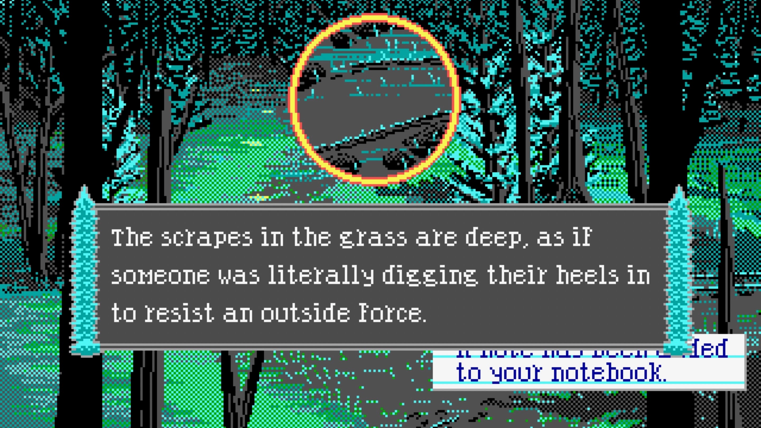 Examen des traces dans l'herbe dans The Crimson Diamond.