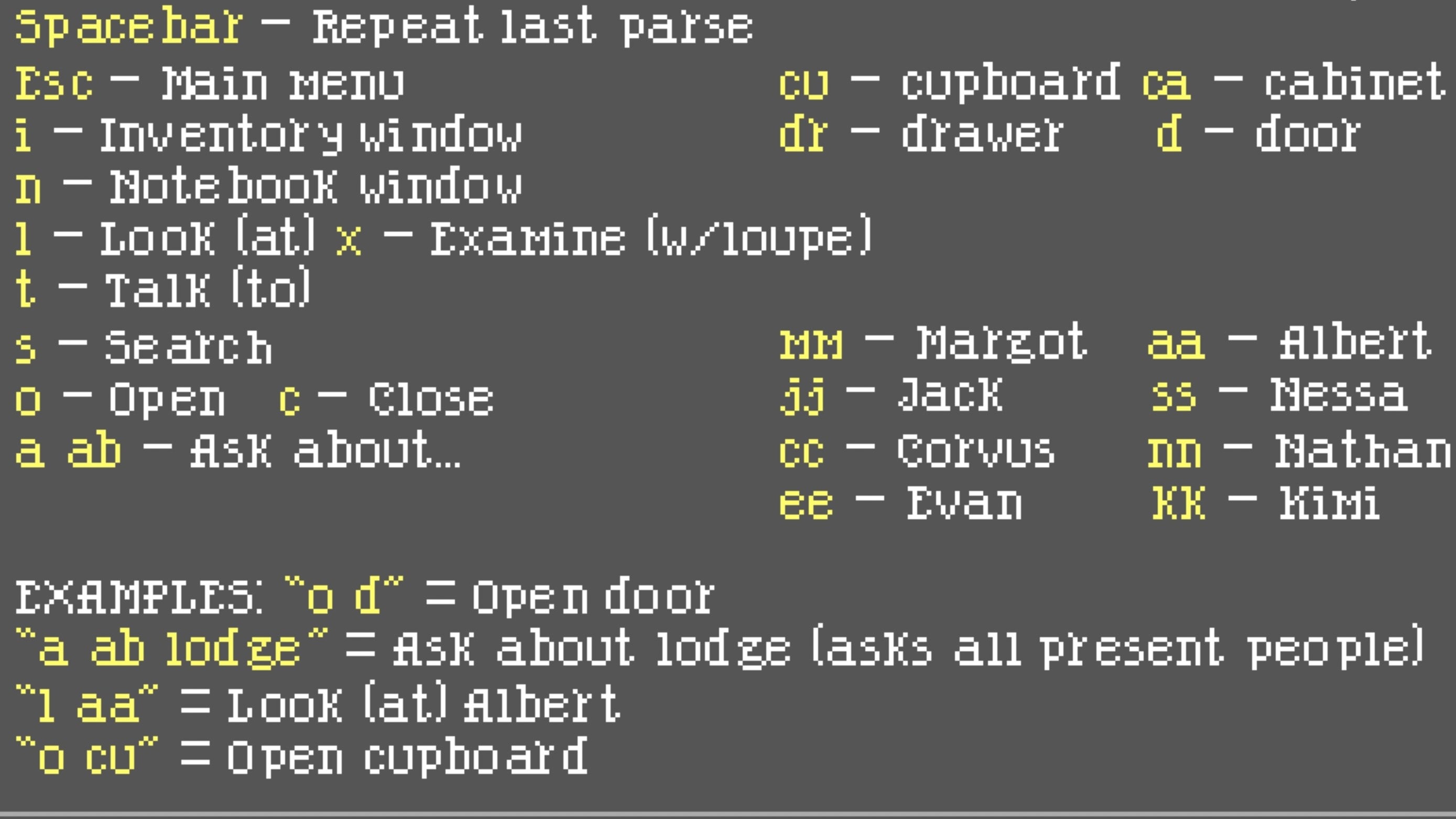 Liste des commandes textuelles dans The Crimson Diamond.