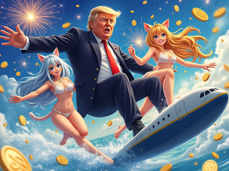 Image générée par IA de Donald Trump et de catgirls créée avec Grok, utilisant le modèle de synthèse d'images Flux.