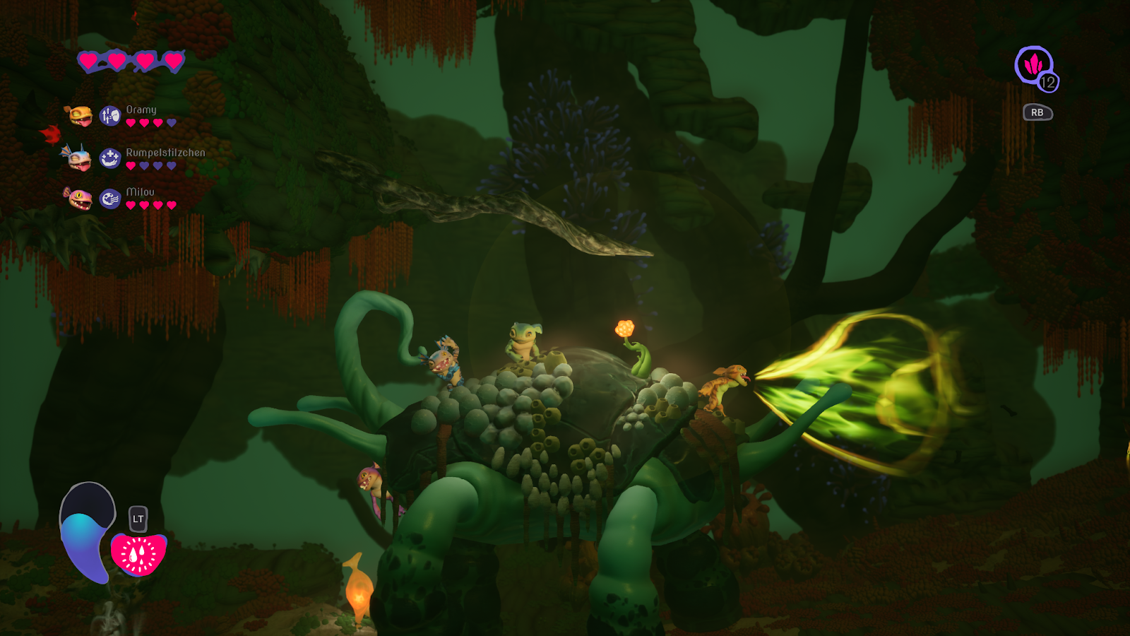 Des Gremlins divers chevauchent le dos d'une grande créature verte dans Mother Machine.