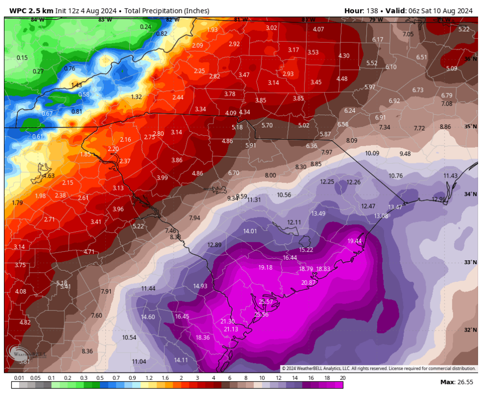 Prévisions d'accumulation de pluie pour la semaine prochaine selon la NOAA.