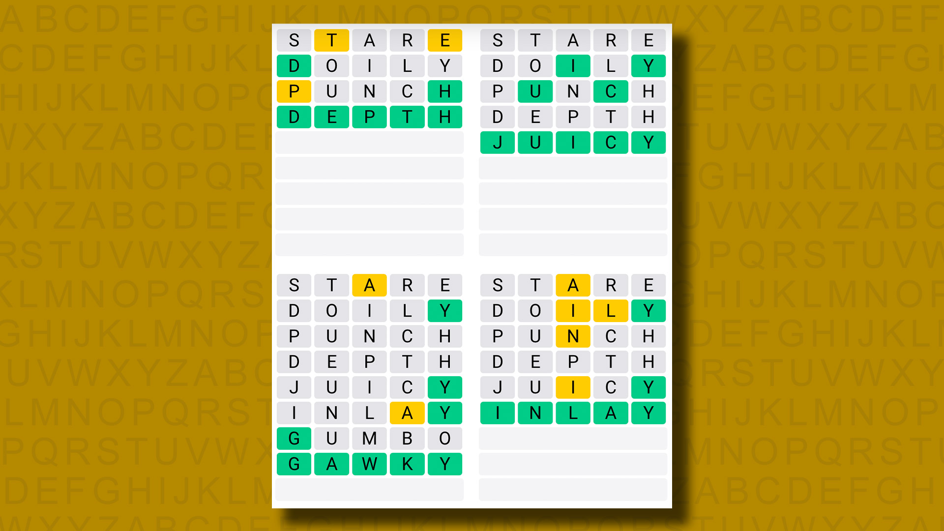 Réponses Quordle pour le jeu 937 sur fond jaune