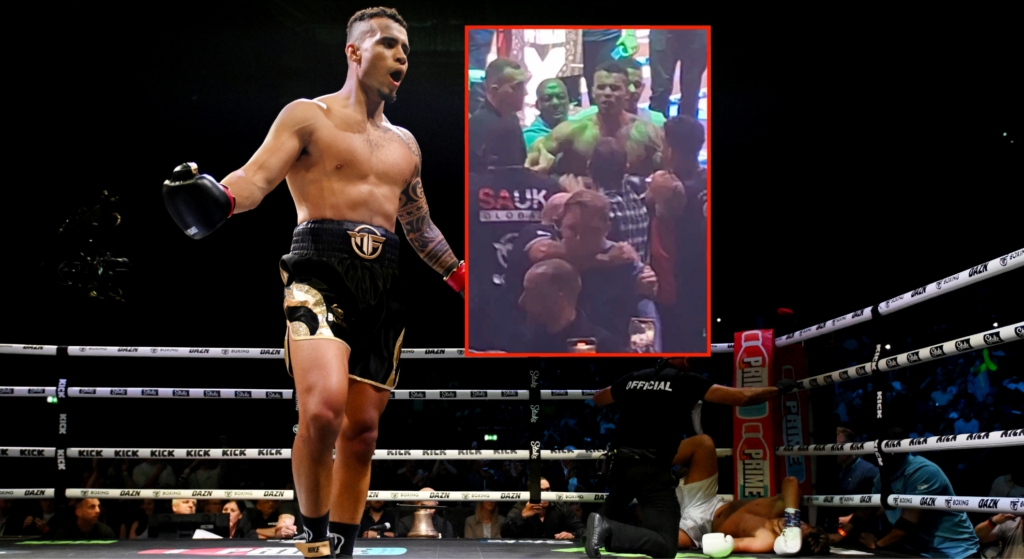 Controversial social media star HSTikkyTokky brawls in the crowd after farcical boxing debut ends in first round knockout