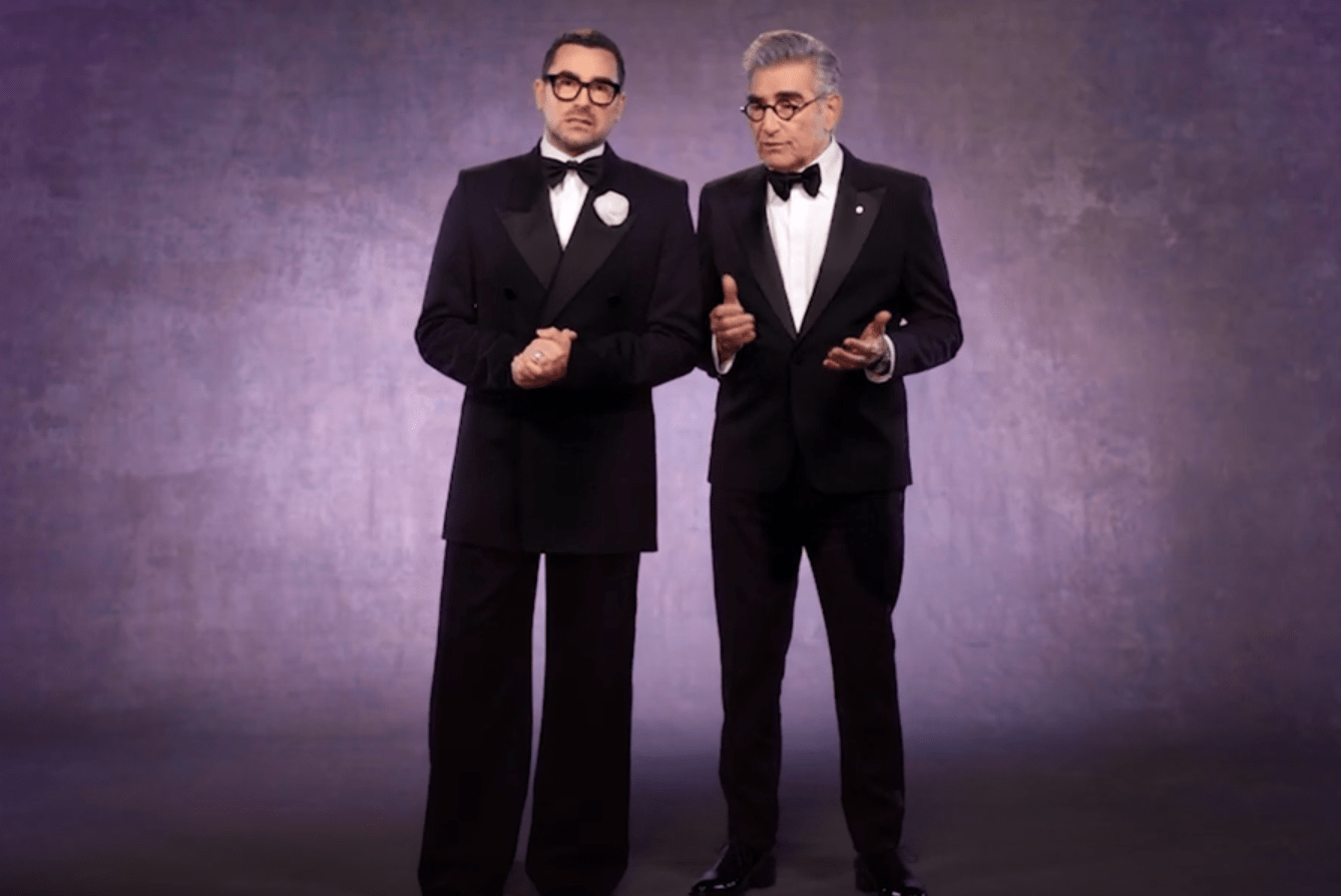 Dan Levy Warns Dad Eugene Not to Joke About His Eyebrows in First 2024 Emmys Promo