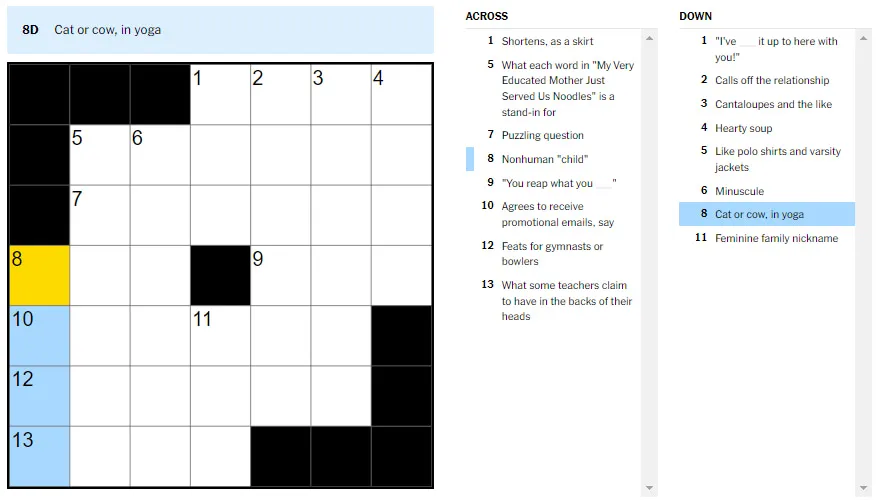 Image illustrant l'indice Chat ou vache, en yoga dans le Mini Crossword du NYT.